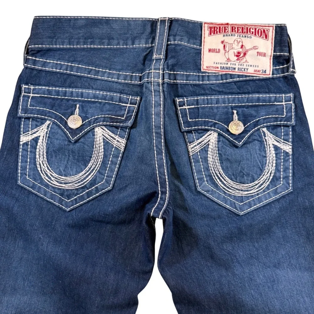 True Religion Rainbow Ricky Straight Dark Super Thick Stitch Denim Jeans 31x31